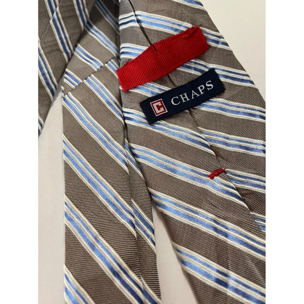 Men's Accessory Tie‎ Necktie Silver Blue White Diagonal Stripe Chaps 100% Silk